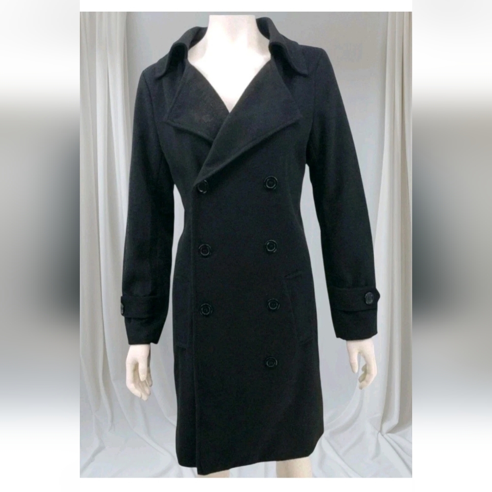 NWT 1990 Life Liven Double Breasted Long Trench Coat Jacket Black Wool Blend